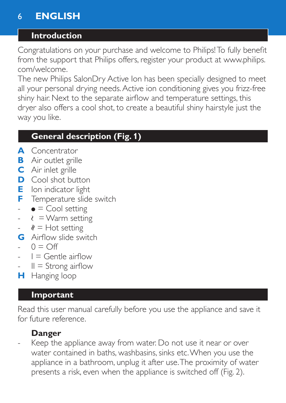 English, Introduction, General description (fig. 1) | Important, Danger | Philips Sèche-cheveux et lisseur User Manual | Page 6 / 168