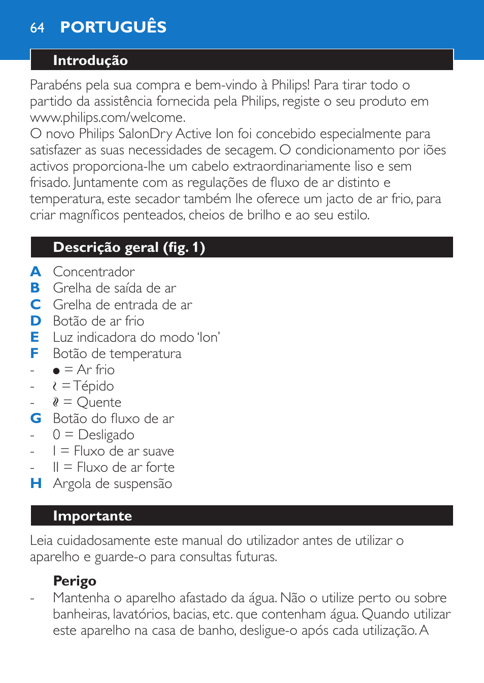 Perigo, Português, Introdução | Descrição geral (fig. 1), Importante | Philips Sèche-cheveux et lisseur User Manual | Page 64 / 168