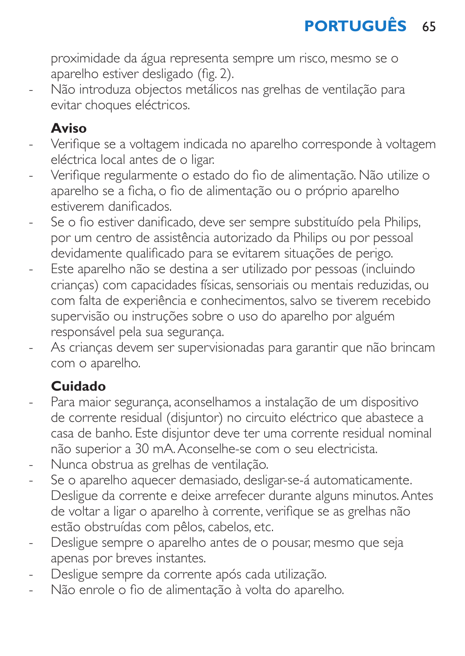 Aviso, Cuidado | Philips Sèche-cheveux et lisseur User Manual | Page 65 / 168