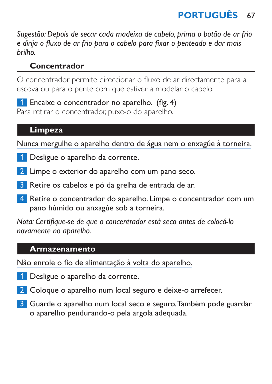 Concentrador, Limpeza, Armazenamento | Philips Sèche-cheveux et lisseur User Manual | Page 67 / 168