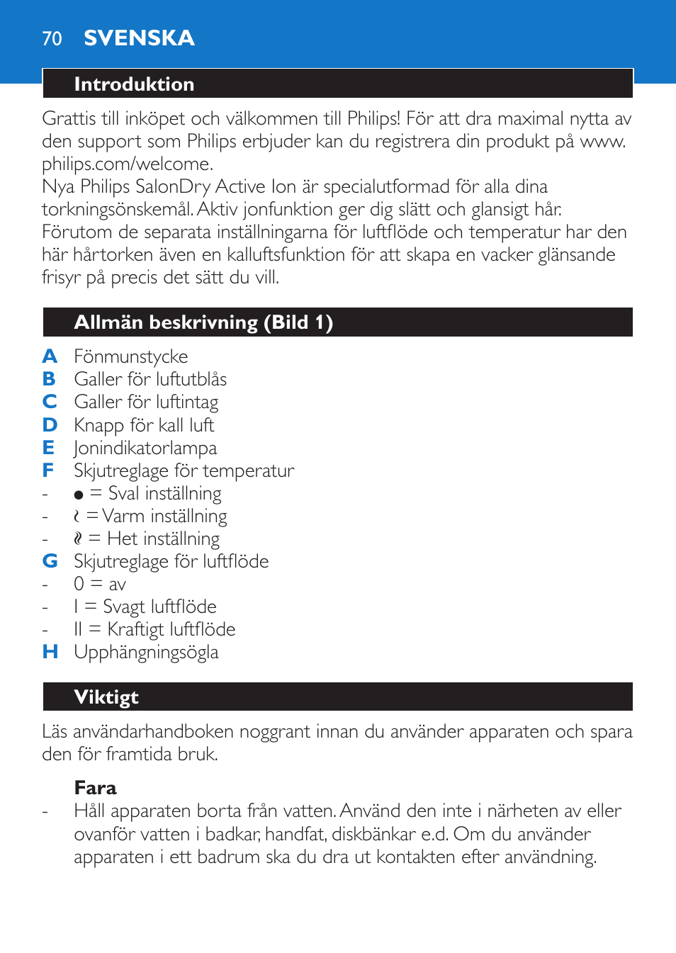 Fara, Svenska, Introduktion | Allmän beskrivning (bild 1), Viktigt | Philips Sèche-cheveux et lisseur User Manual | Page 70 / 168