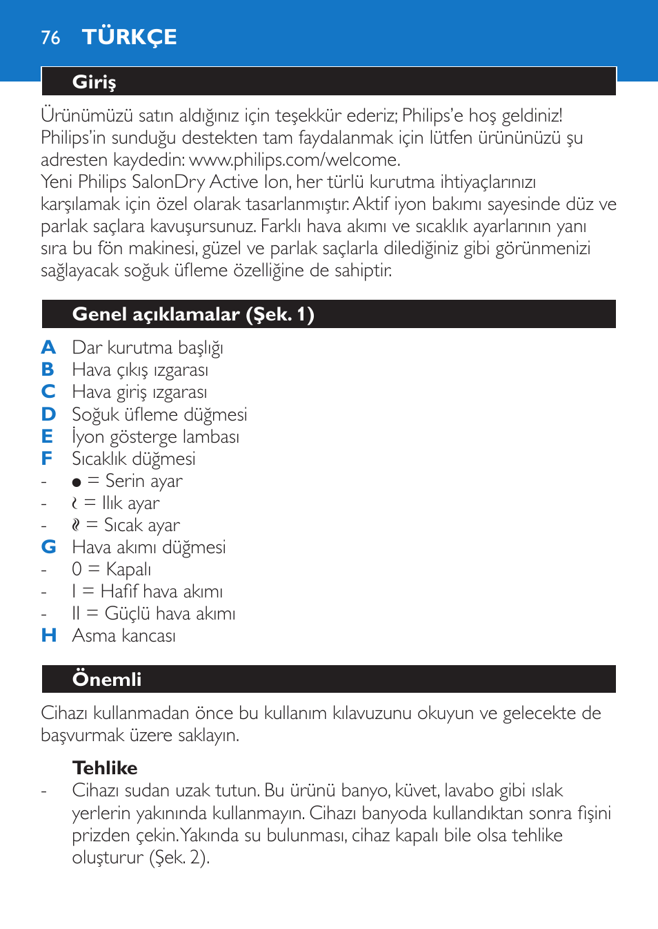 Tehlike, Türkçe, Giriş | Genel açıklamalar (şek. 1), Önemli | Philips Sèche-cheveux et lisseur User Manual | Page 76 / 168