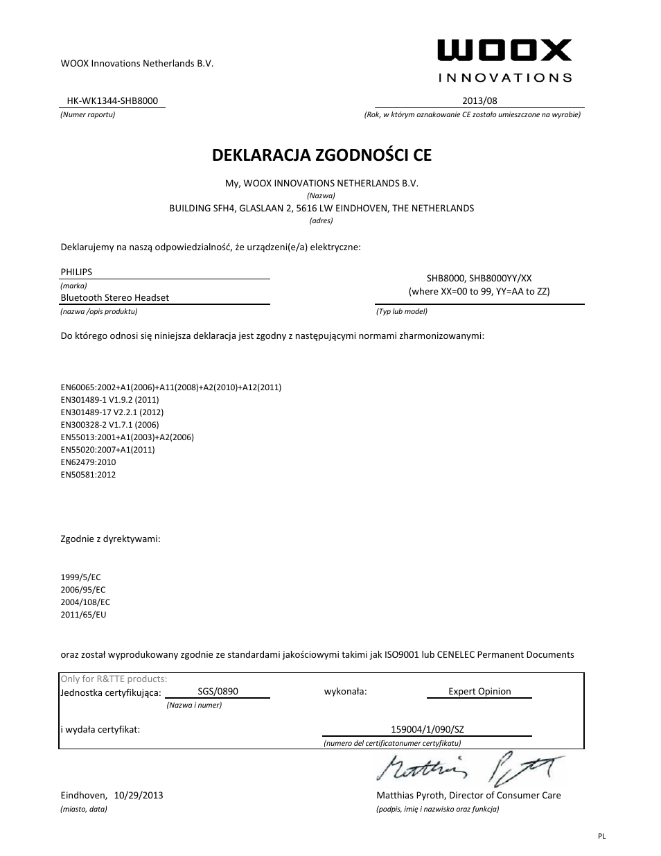 Deklaracja zgodności ce | Philips Casque Bluetooth User Manual | Page 11 / 21