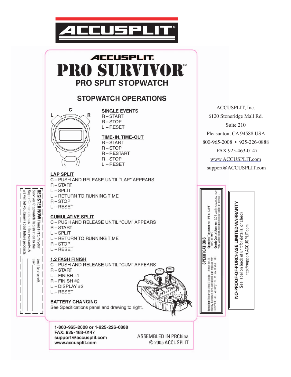 Accusplit Pro Survivor S602XCL User Manual | 1 page