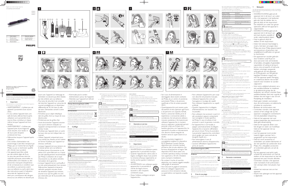 Débranchez toujours l’appareil après utilisation, N’obstruez pas les grilles d’air, Dopo l’utilizzo, scollegare sempre l’apparecchio | Non bloccare le griglie di aerazione, Blokkeer de luchtroosters niet, Wikkel het netsnoer niet om het apparaat, Wacht met opbergen tot het apparaat is afgekoeld, Français, 1 important, 2 coiffage | Philips Brosse soufflante User Manual | Page 3 / 4