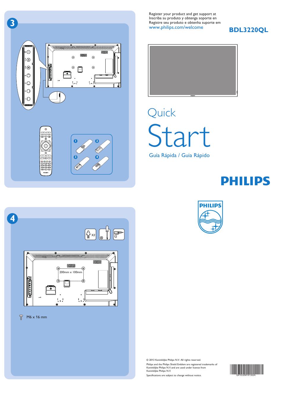 Start, Quick, Bdl3220ql | Philips Signage Solutions Écran Q-Line User Manual | Page 2 / 2