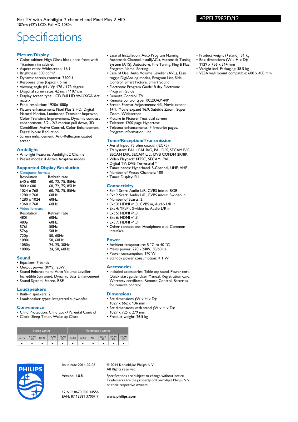 Specifications | Philips Téléviseur User Manual | Page 3 / 3