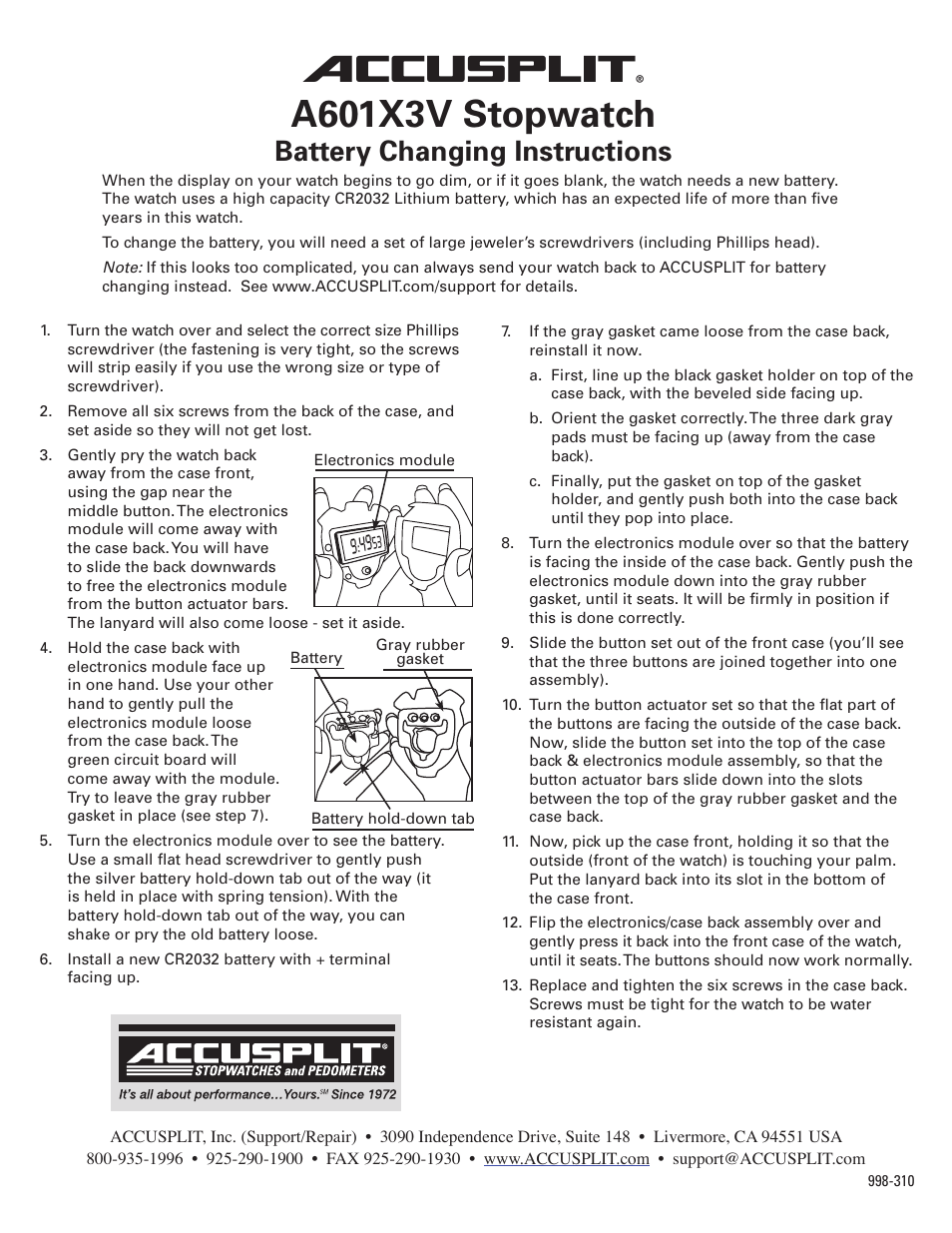 Accusplit 998-310 User Manual | 1 page