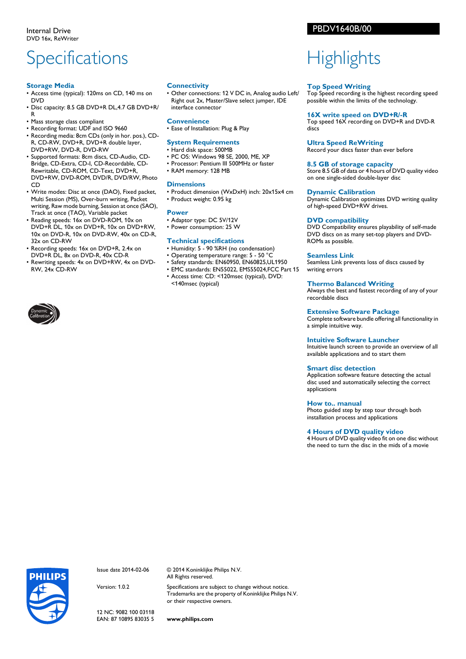 Specifications, Highlights | Philips Lecteur interne User Manual | Page 2 / 2