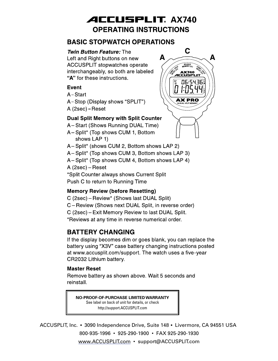 Accusplit AX740 User Manual | 1 page