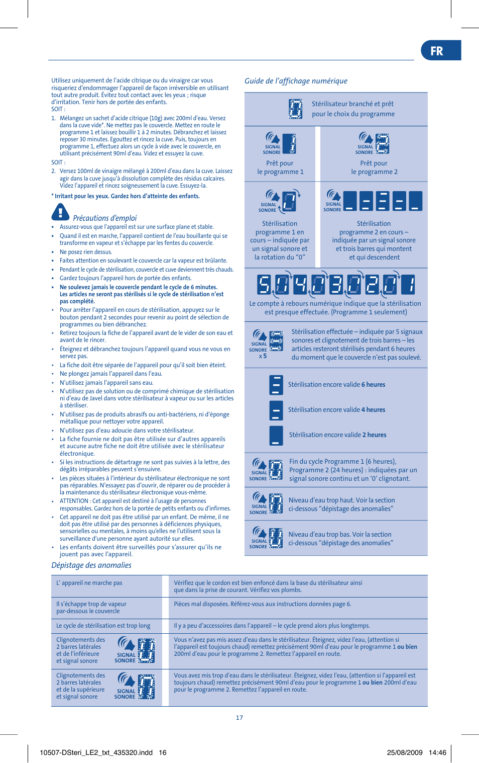 Précautions d’emploi, Dépistage des anomalies | Philips AVENT Stérilisateur électronique à vapeur User Manual | Page 17 / 30