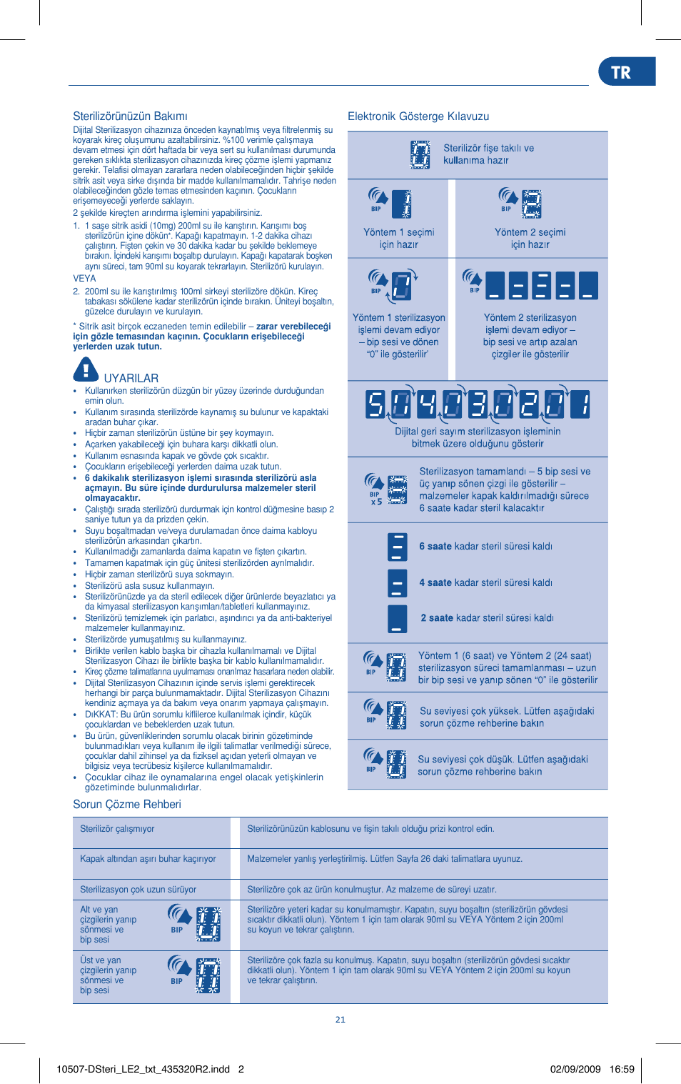 Sterilizörünüzün bakımı, Uyarilar, Sorun çözme rehberi | Philips AVENT Stérilisateur électronique à vapeur User Manual | Page 21 / 30