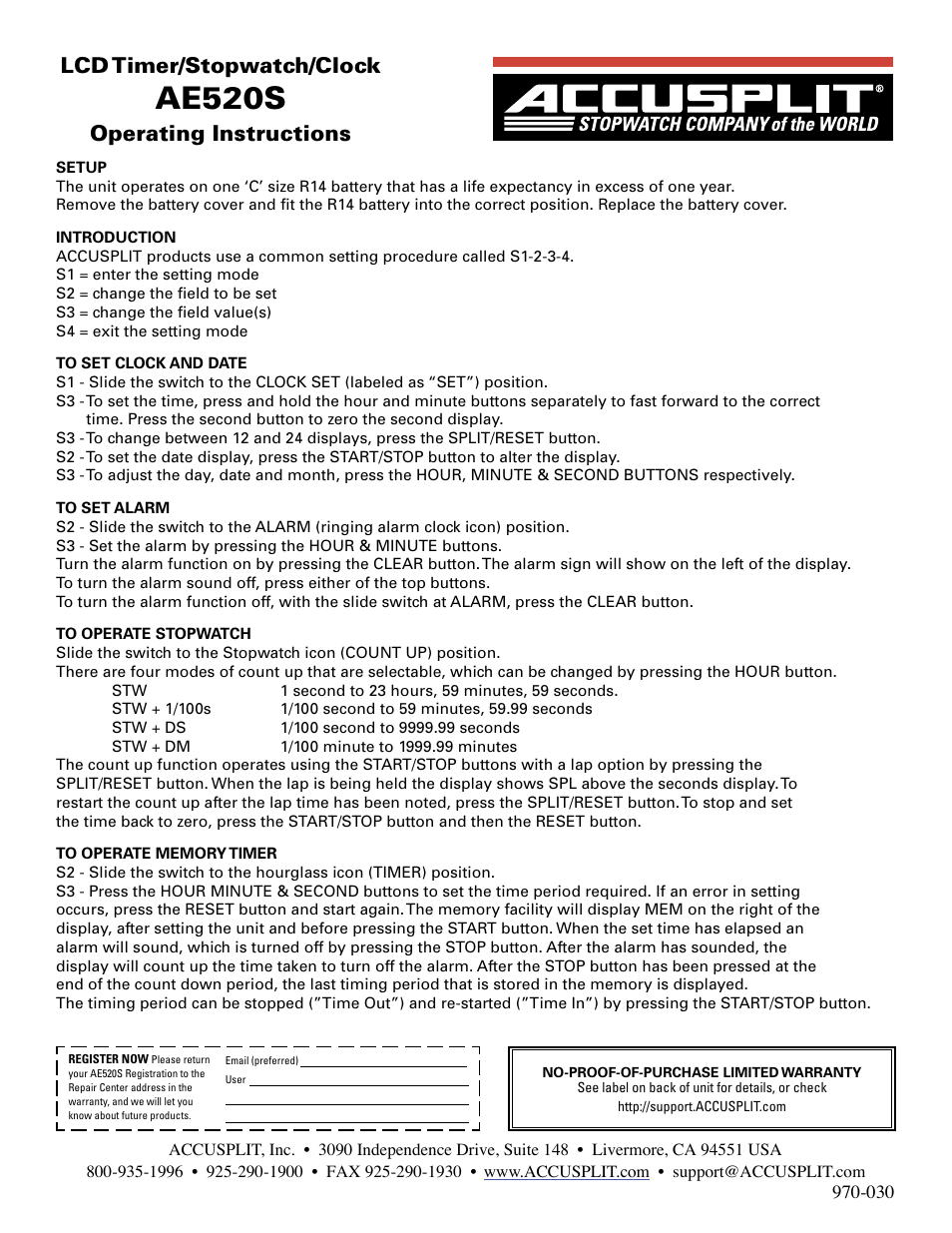 Accusplit AE520S User Manual | 1 page