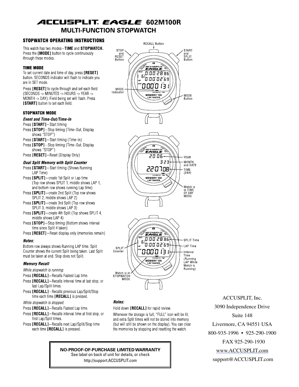 Accusplit 602M100R User Manual | 1 page