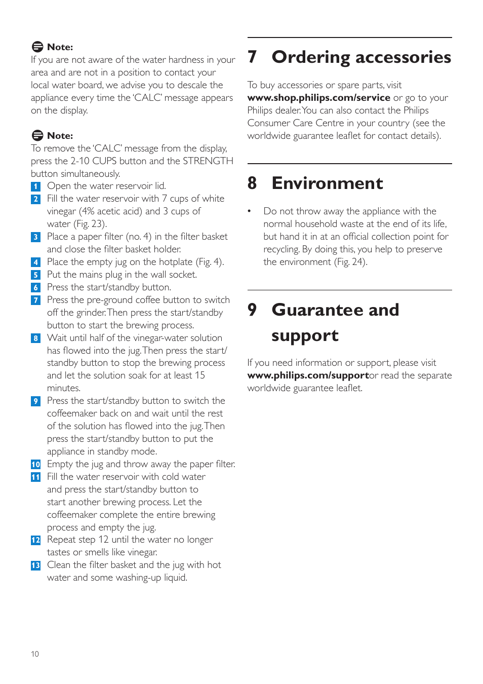 7 ordering accessories, 8 environment, 9 guarantee and support | Philips Grind & Brew Cafetière User Manual | Page 10 / 108