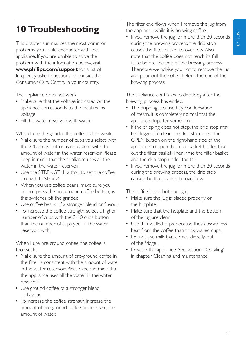 10 troubleshooting | Philips Grind & Brew Cafetière User Manual | Page 11 / 108