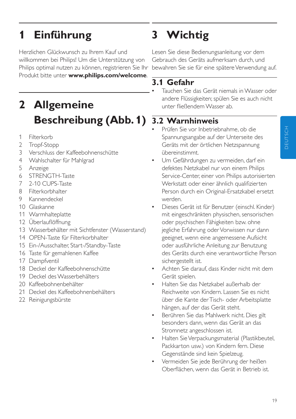 Deutsch, 1 einführung, 2 allgemeine beschreibung (abb. 1) | 3 wichtig, 1 gefahr, 2 warnhinweis | Philips Grind & Brew Cafetière User Manual | Page 19 / 108