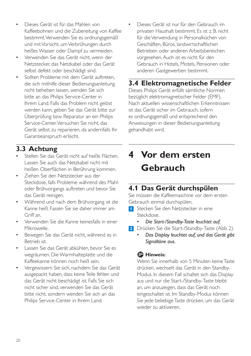 4 vor dem ersten gebrauch, 4 elektromagnetische felder, 1 das gerät durchspülen | 3 achtung | Philips Grind & Brew Cafetière User Manual | Page 20 / 108