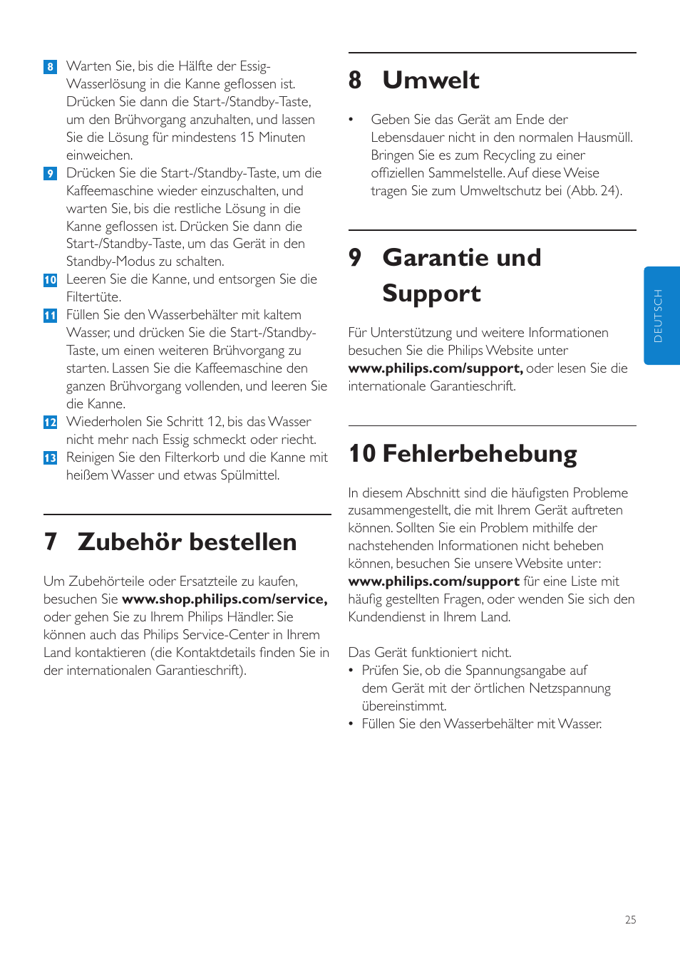 8 umwelt, 9 garantie und support, 10 fehlerbehebung | 7 zubehör bestellen | Philips Grind & Brew Cafetière User Manual | Page 25 / 108