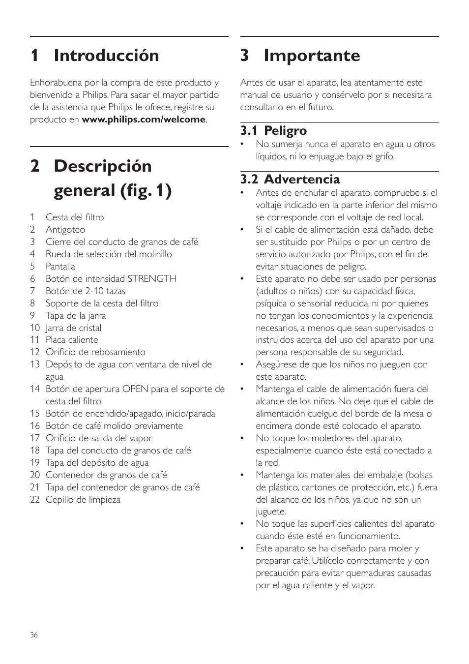 Español, 1 introducción, 2 descripción general (fig. 1) | 3 importante, 1 peligro, 2 advertencia | Philips Grind & Brew Cafetière User Manual | Page 36 / 108