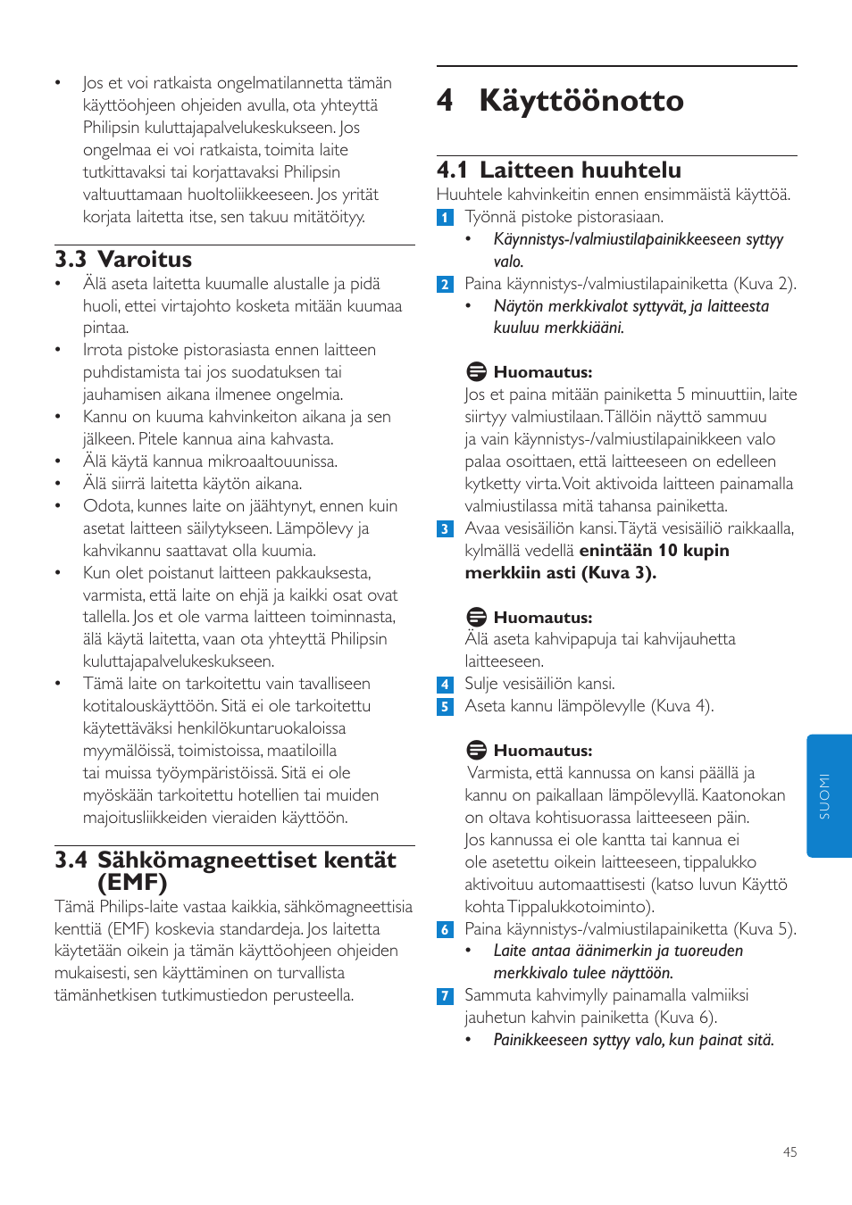 4 käyttöönotto, 1 laitteen huuhtelu, 3 varoitus | 4 sähkömagneettiset kentät (emf) | Philips Grind & Brew Cafetière User Manual | Page 45 / 108