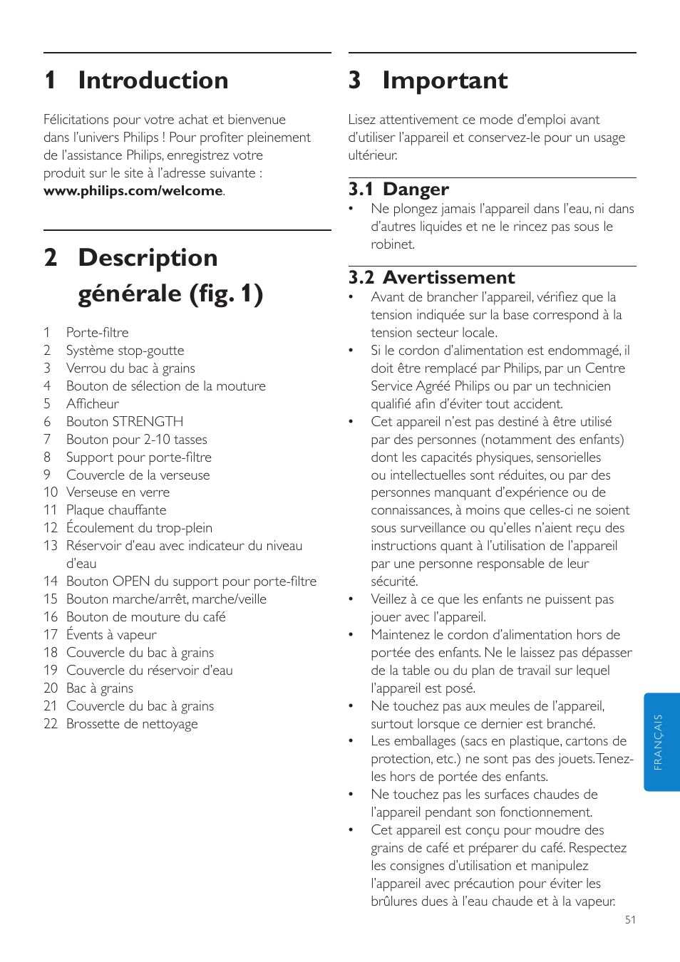 Français, 1 introduction, 2 description générale (fig. 1) | 3 important, 1 danger, 2 avertissement | Philips Grind & Brew Cafetière User Manual | Page 51 / 108