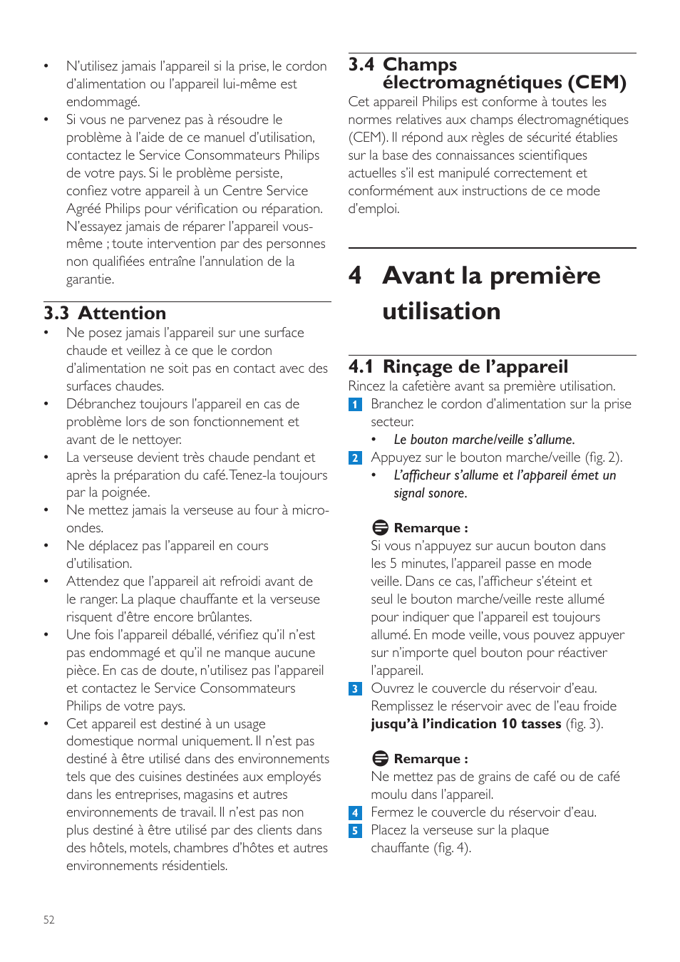 4 avant la première utilisation, 4 champs électromagnétiques (cem), 1 rinçage de l’appareil | 3 attention | Philips Grind & Brew Cafetière User Manual | Page 52 / 108