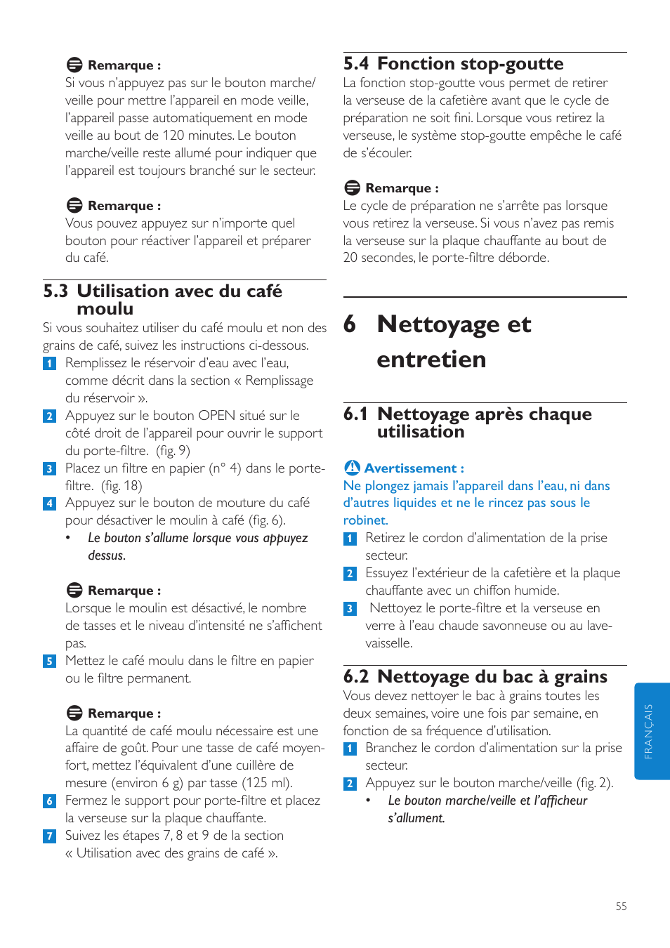 6 nettoyage et entretien, 4 fonction stop-goutte, 1 nettoyage après chaque utilisation | 2 nettoyage du bac à grains, 3 utilisation avec du café moulu | Philips Grind & Brew Cafetière User Manual | Page 55 / 108