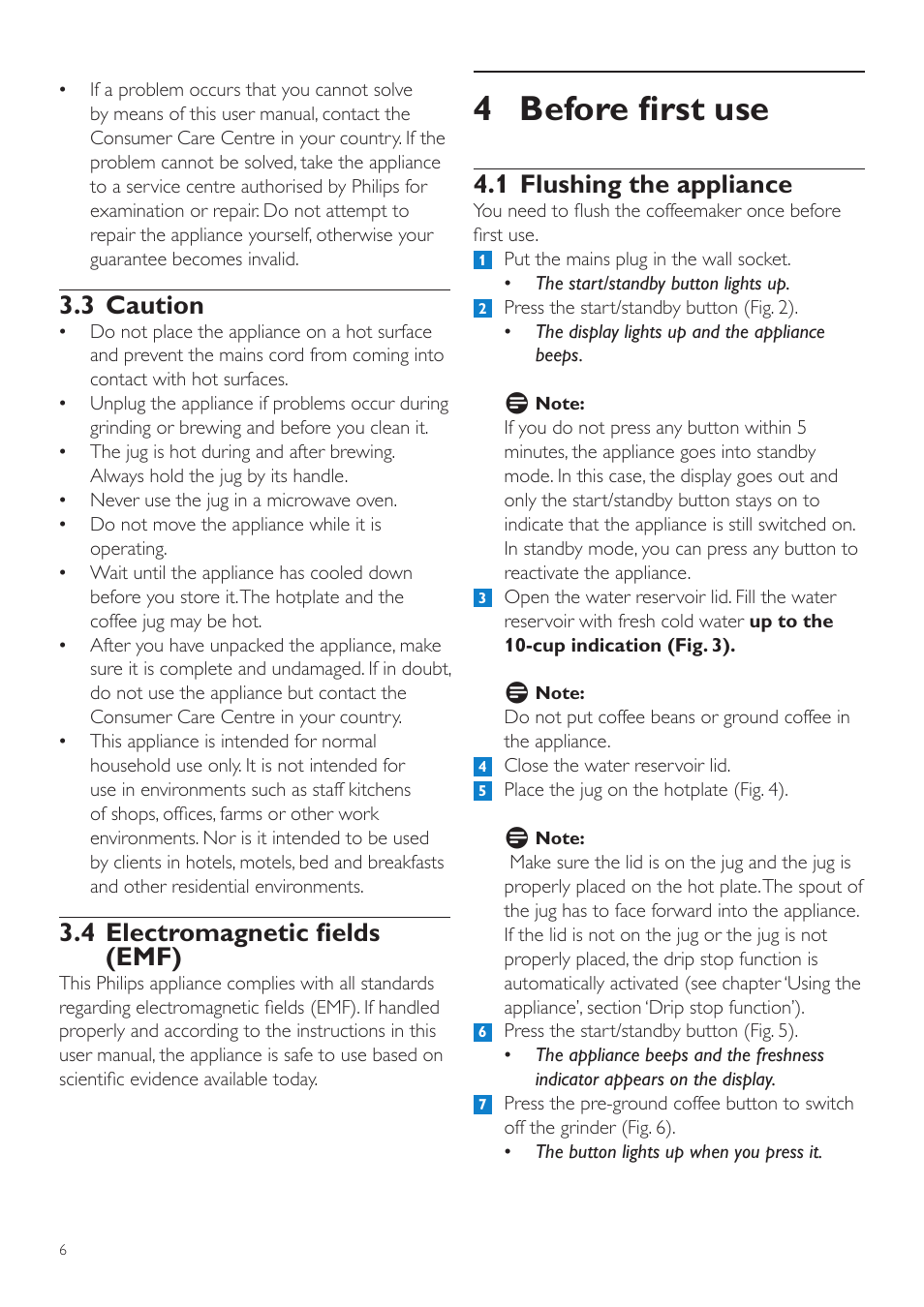 4 before first use, 1 flushing the appliance, 3 caution | 4 electromagnetic fields (emf) | Philips Grind & Brew Cafetière User Manual | Page 6 / 108