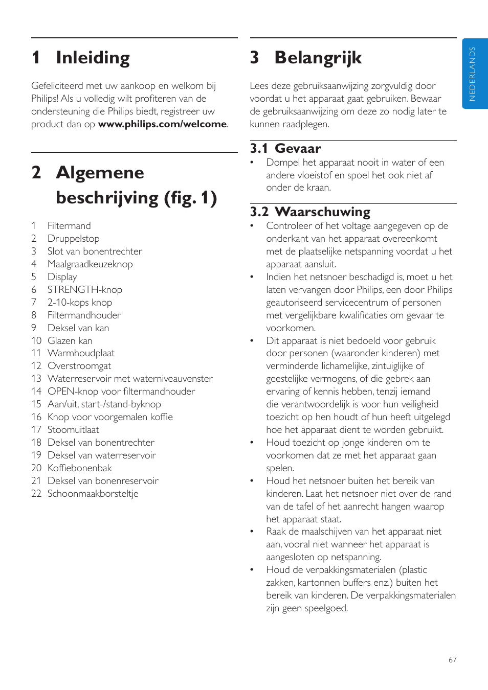 Nederlands, 3 belangrijk, 1 inleiding | 2 algemene beschrijving (fig. 1), 1 gevaar, 2 waarschuwing | Philips Grind & Brew Cafetière User Manual | Page 67 / 108