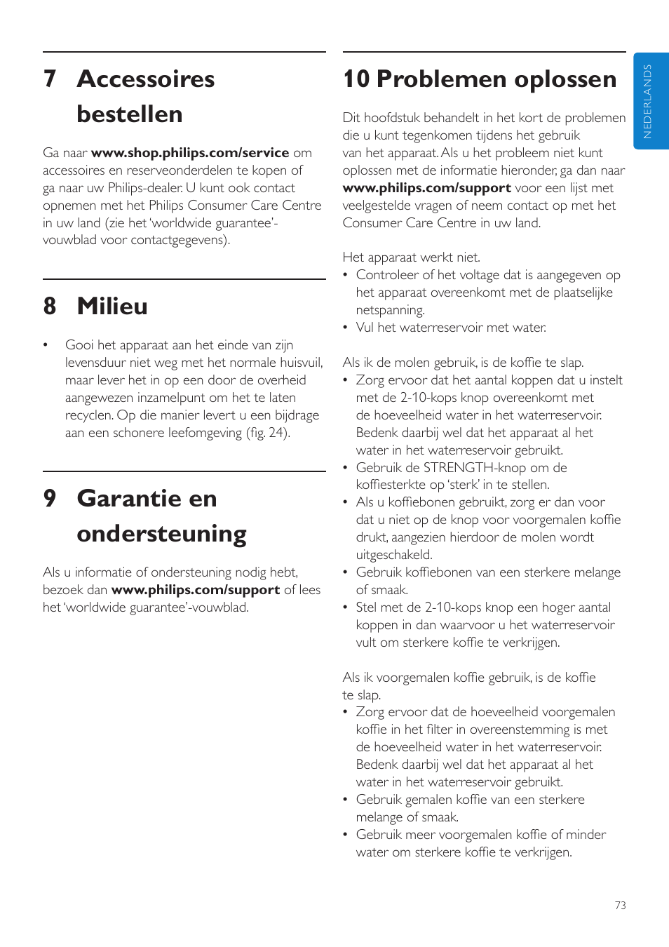 10 problemen oplossen, 7 accessoires bestellen, 8 milieu | 9 garantie en ondersteuning | Philips Grind & Brew Cafetière User Manual | Page 73 / 108