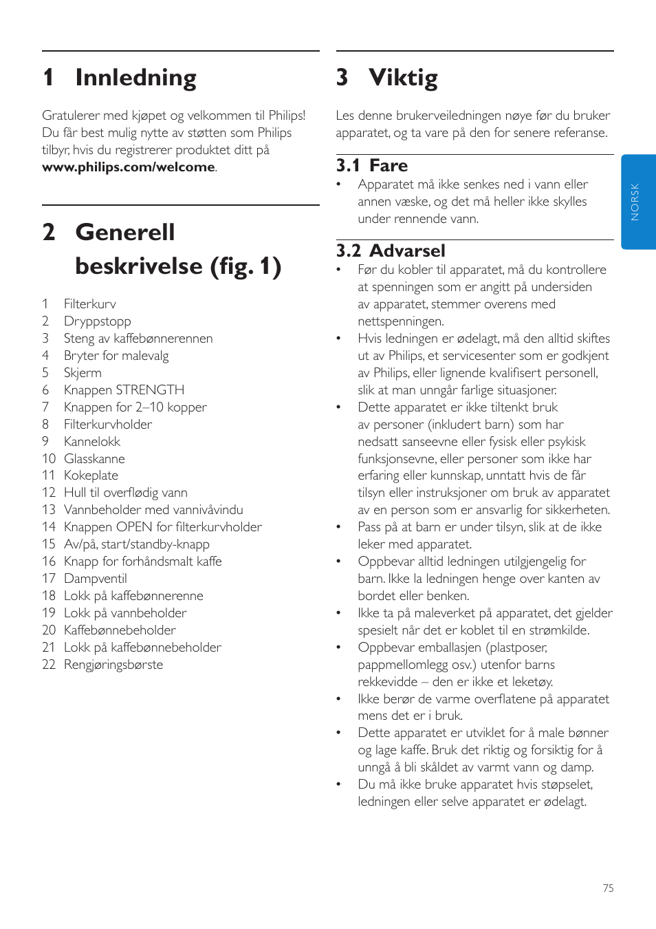 Norsk, 3 viktig, 1 innledning | 2 generell beskrivelse (fig. 1), 1 fare, 2 advarsel | Philips Grind & Brew Cafetière User Manual | Page 75 / 108