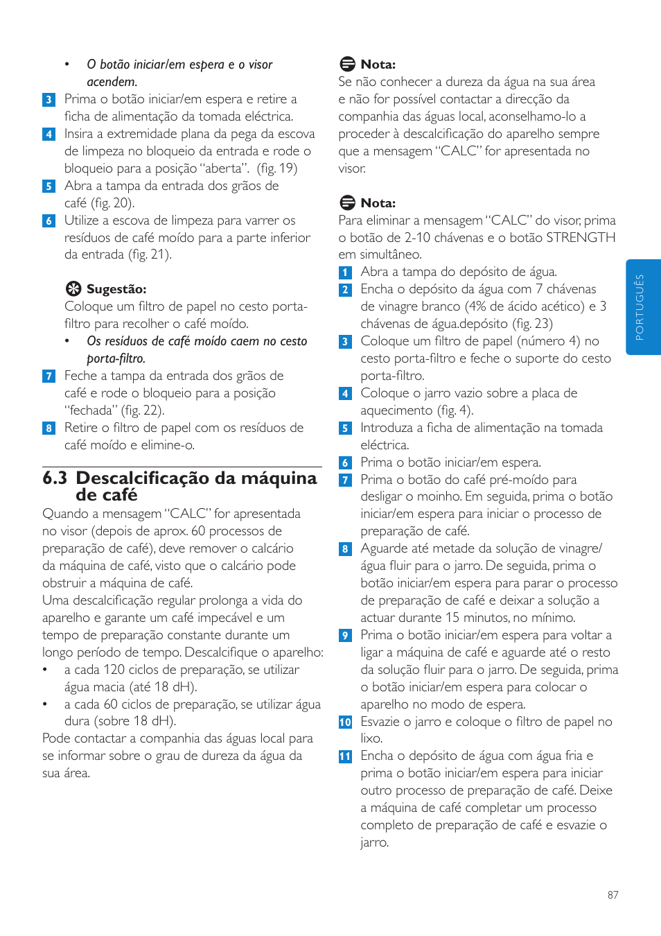 3 descalcificação da máquina de café | Philips Grind & Brew Cafetière User Manual | Page 87 / 108