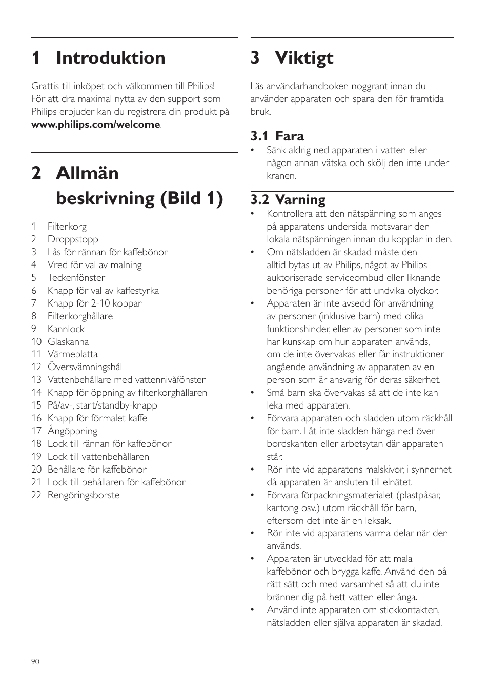 Svenska, 1 introduktion, 2 allmän beskrivning (bild 1) | 3 viktigt, 1 fara, 2 varning | Philips Grind & Brew Cafetière User Manual | Page 90 / 108