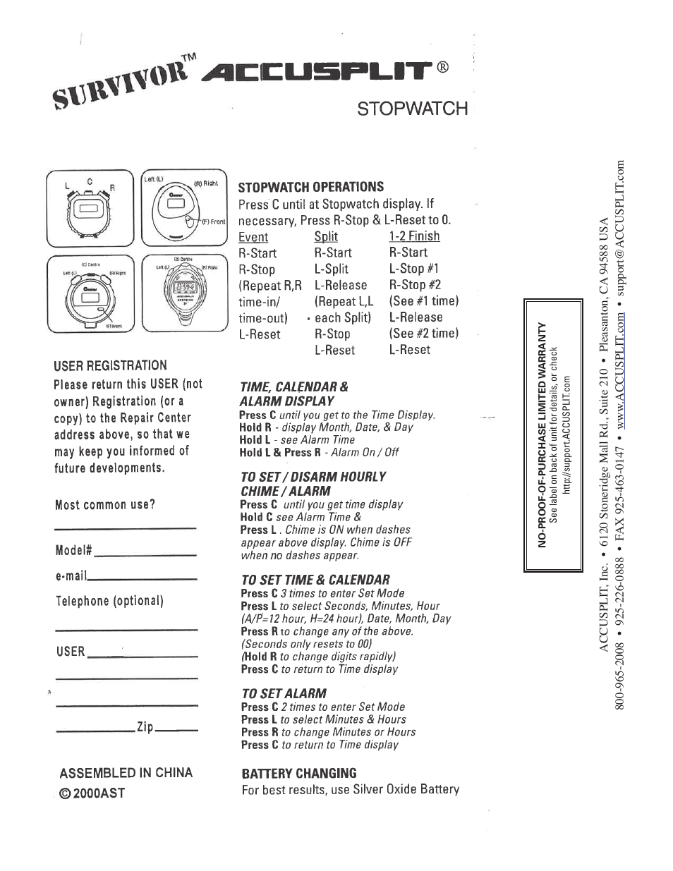 Accusplit Survivor S2XL User Manual | 1 page