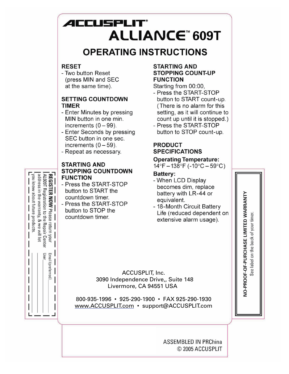 Accusplit Alliance AL609T User Manual | 1 page