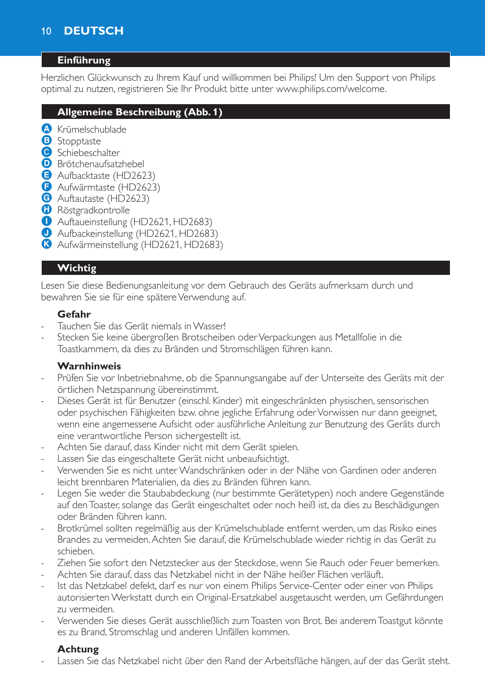 Gefahr, Warnhinweis, Achtung | Deutsch, Einführung, Allgemeine beschreibung (abb. 1), Wichtig | Philips 2 fentes User Manual | Page 10 / 24
