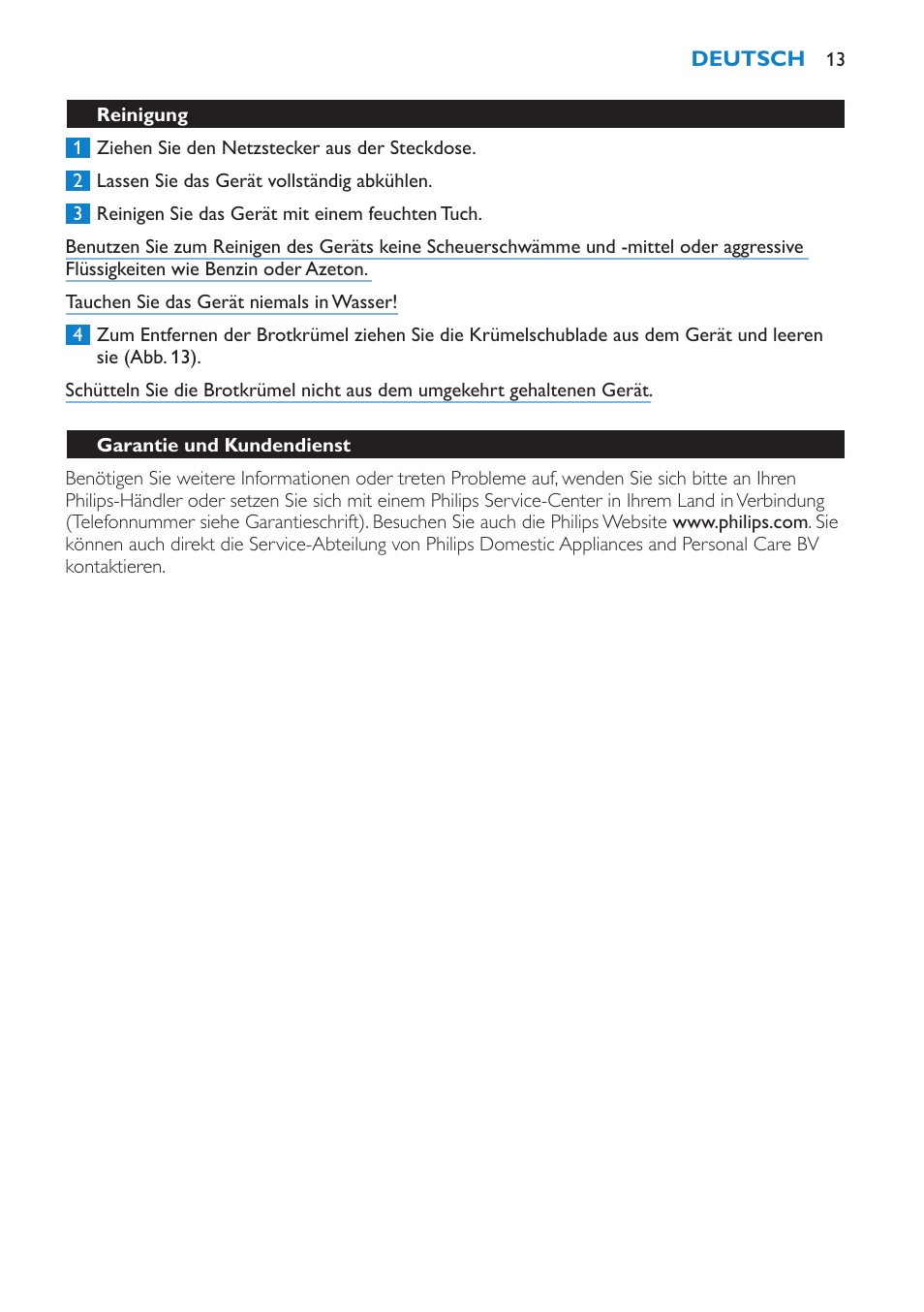 Reinigung, Garantie und kundendienst, Einführung | Philips 2 fentes User Manual | Page 13 / 24