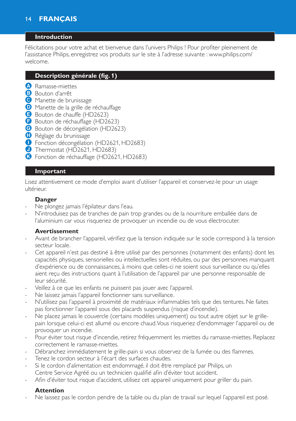 Danger, Avertissement, Attention | Français, Introduction, Description générale (fig. 1), Important | Philips 2 fentes User Manual | Page 14 / 24