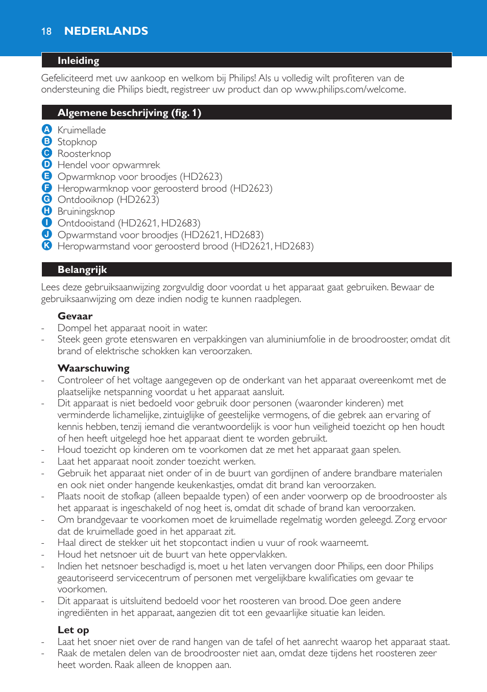 Gevaar, Waarschuwing, Let op | Nederlands, Inleiding, Algemene beschrijving (fig. 1), Belangrijk | Philips 2 fentes User Manual | Page 18 / 24