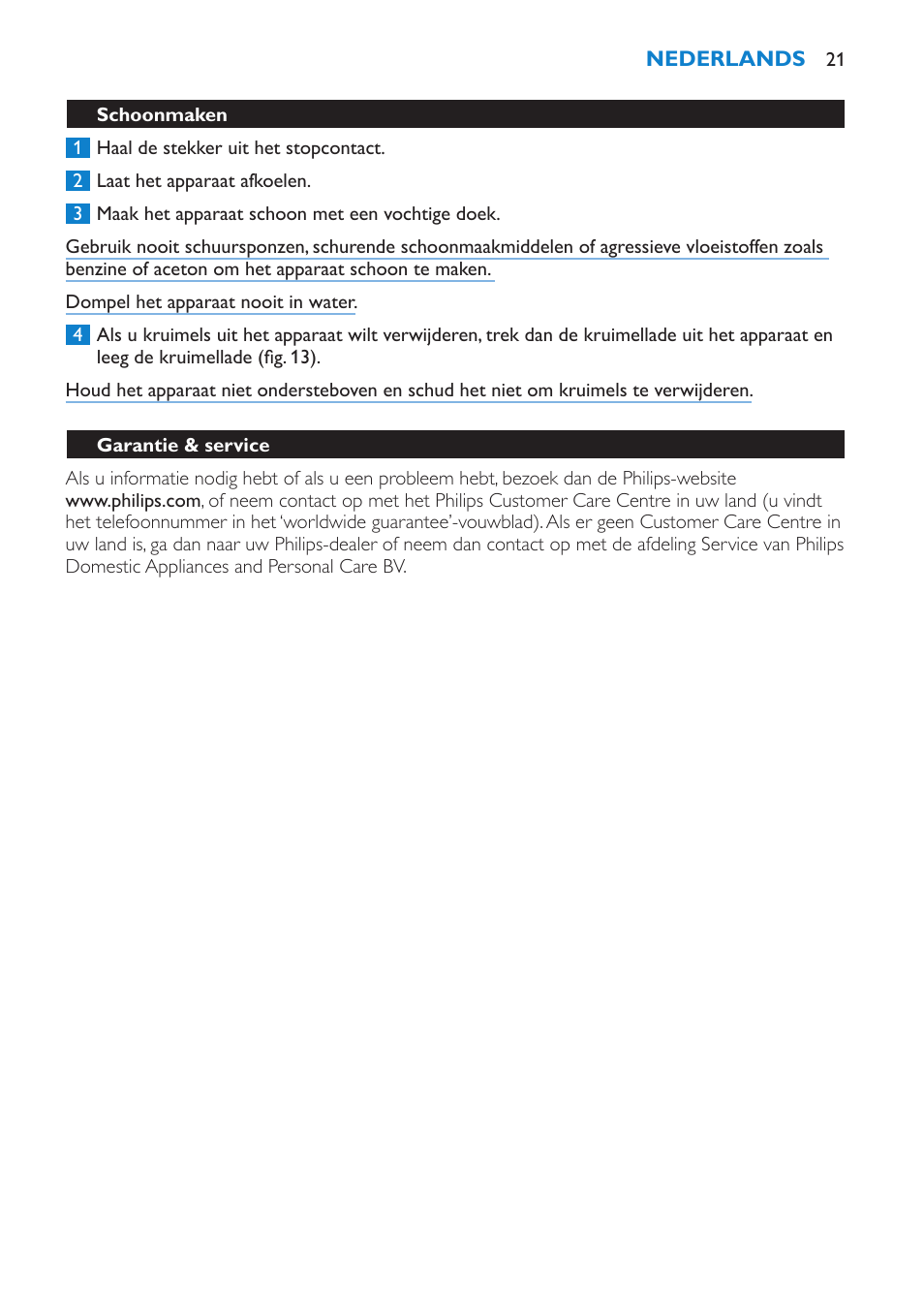 Schoonmaken, Garantie & service, Inleiding | Philips 2 fentes User Manual | Page 21 / 24