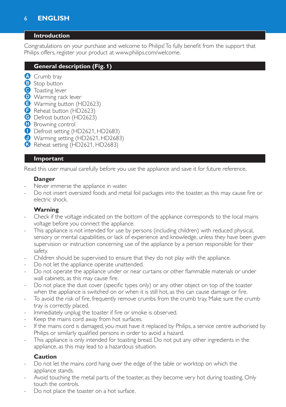 English, Introduction, General description (fig. 1) | Important, Danger, Warning, Caution | Philips 2 fentes User Manual | Page 6 / 24