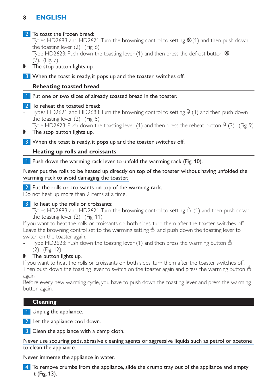 Reheating toasted bread, Heating up rolls and croissants, Cleaning | Philips 2 fentes User Manual | Page 8 / 24