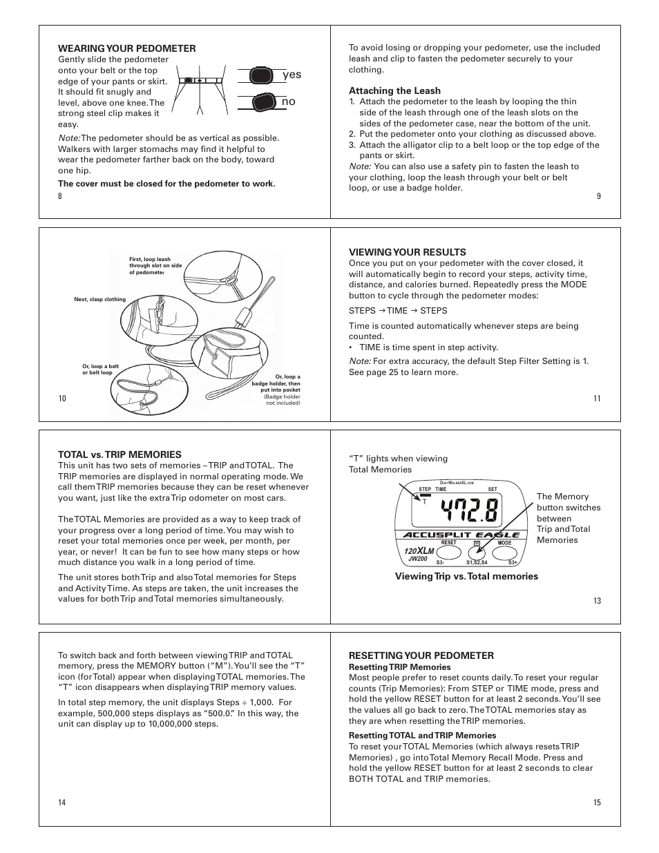 Yes no, Viewing your results, Wearing your pedometer | Attaching the leash, Resetting your pedometer | Accusplit AE120XLM User Manual | Page 2 / 3