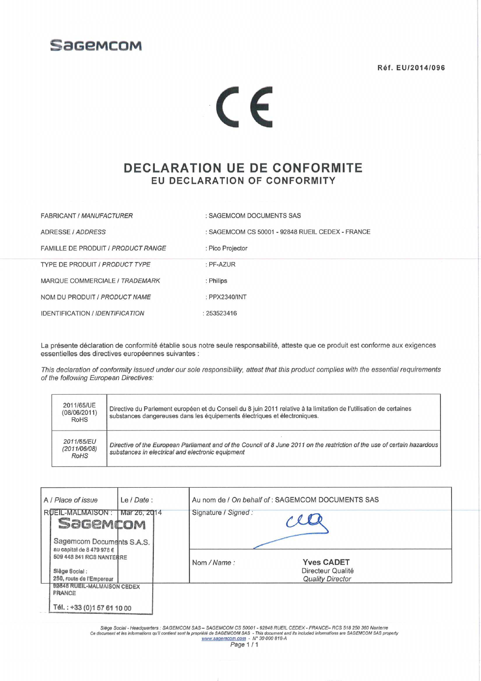 Sacseiviî, Declaration ue de conformite, Sagsmcom | Philips PicoPix Projecteur de poche User Manual | Page 3 / 3