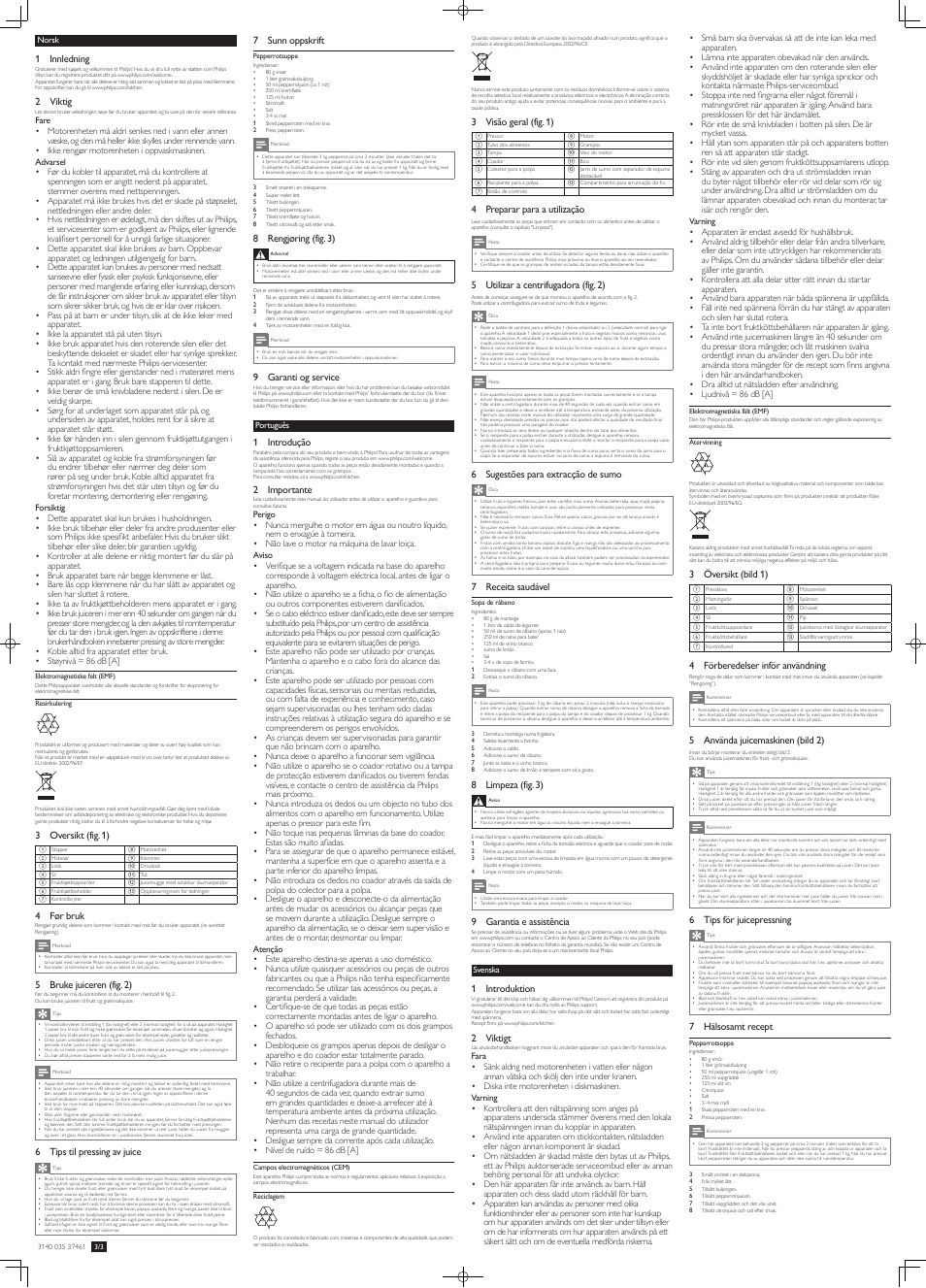 3 översikt (bild 1), 4 förberedelser inför användning, 5 använda juicemaskinen (bild 2) | 6 tips för juicepressning, 7 hälsosamt recept, 1 innledning, 2 viktig, 3 oversikt (fig. 1), 4 før bruk, 5 bruke juiceren (fig. 2) | Philips HR1851 WEU UM V1.0 User Manual | Page 5 / 6