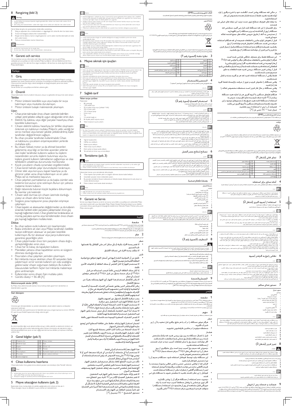 8 rengöring (bild 3), 9 garanti och service, 1 giriş | 2 önemli, 3 genel bilgiler (şek.1), 4 cihazı kullanıma hazırlama, 5 meyve sıkacağının kullanımı (şek. 2), 6 meyve sıkmak için ipuçları, 7 sağlıklı tarif, 8 temizleme (şek. 3) | Philips HR1851 WEU UM V1.0 User Manual | Page 6 / 6