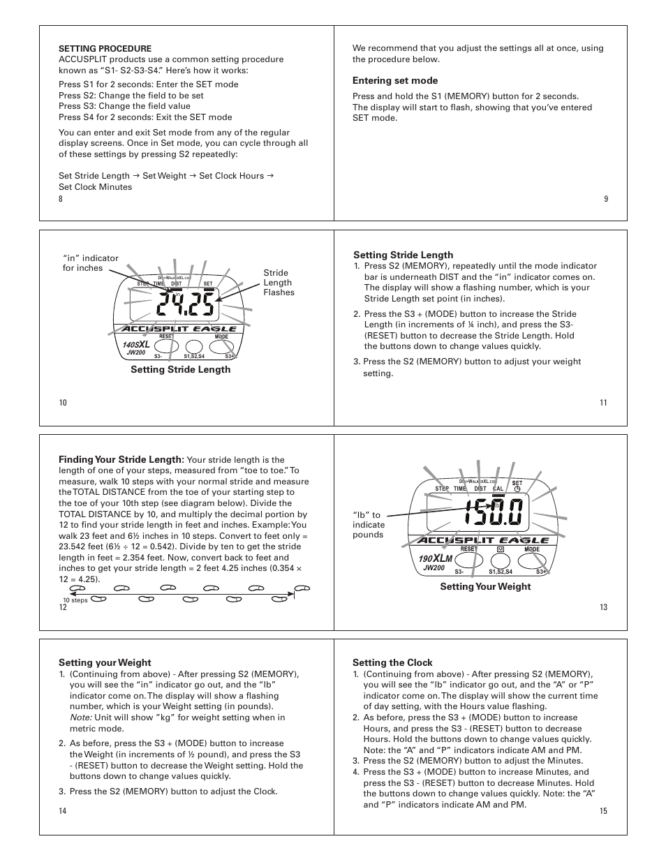 Entering set mode, Setting stride length, Finding your stride length | Setting your weight, Setting the clock | Accusplit Eagle AE190XLM User Manual | Page 2 / 5