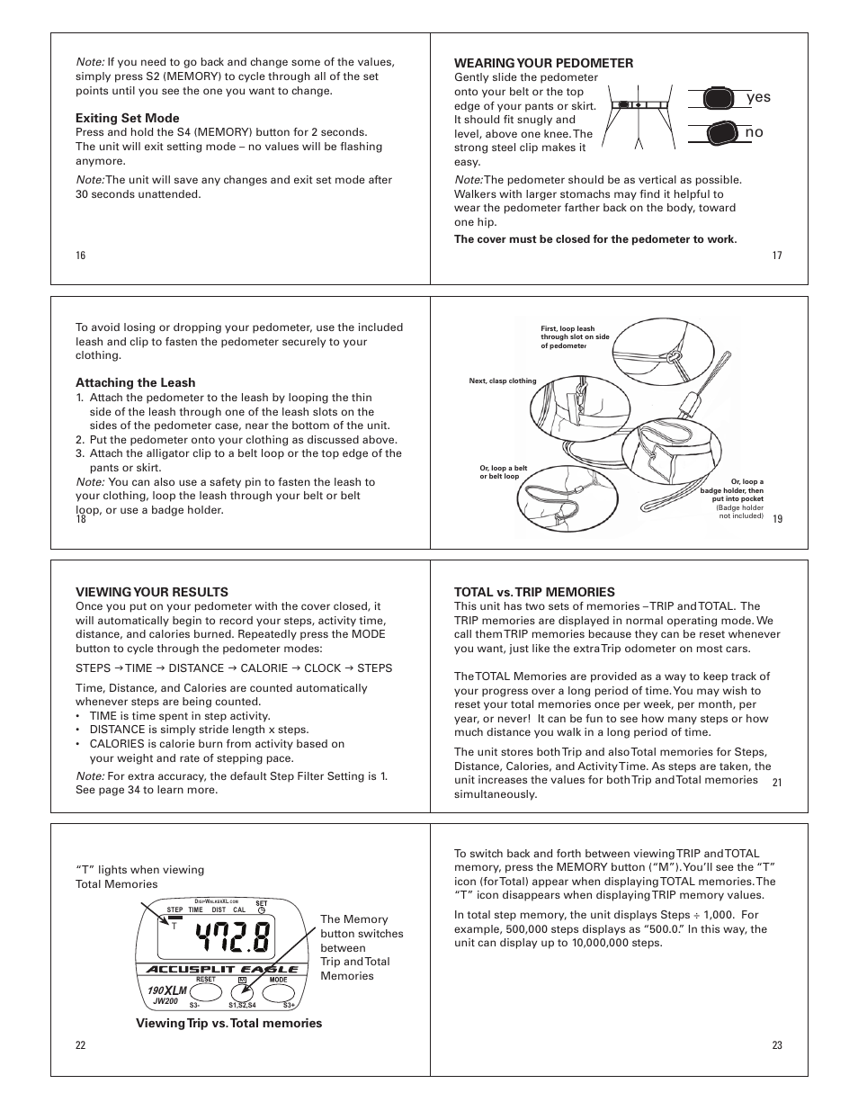 Yes no, Exiting set mode, Wearing your pedometer | Attaching the leash, Viewing your results | Accusplit Eagle AE190XLM User Manual | Page 3 / 5