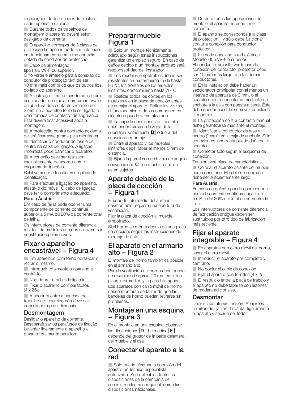 Fixar o aparelho encastrável - figura 4, Preparar mueble figura 1, Aparato debajo de la placa de cocción - figura 1 | El aparato en el armario alto - figura 2, Montaje en una esquina - figura 3, Conectar el aparato a la red, Fijar el aparato integrable - figura 4, Desmontagem, Desmontar | Siemens HB 330.50  EN User Manual | Page 8 / 12